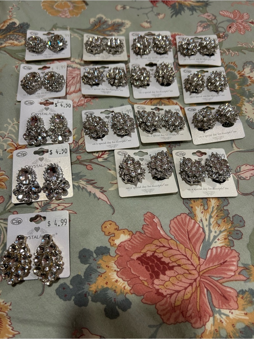 16 pairs Crystal Clip-On Earrings Lot - Clear Rhinestones